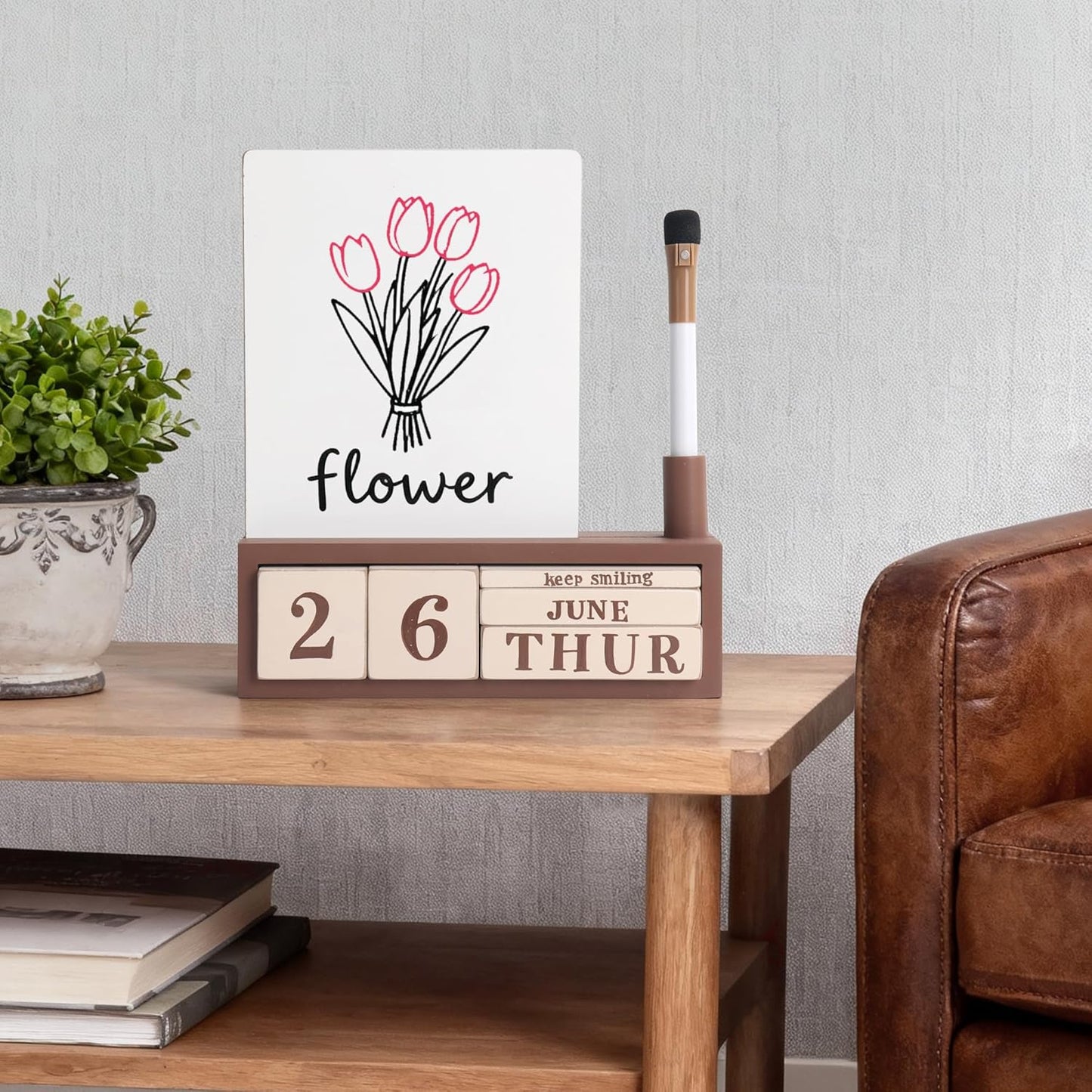 SELEAD Wooden Block Desk Calendar with Chalk Board - Daily Desktop Perpetual Calendar Words Sign Quotes for Home Office Classroom Decor, Teachers Students - Black