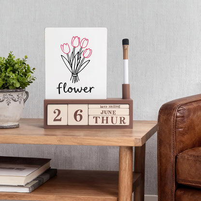 SELEAD Wooden Block Desk Calendar with Chalk Board - Daily Desktop Perpetual Calendar Words Sign Quotes for Home Office Classroom Decor, Teachers Students - Black