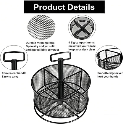 Marbrasse Mesh Desk Organizer, 360-Degree Rotating Multi-Functional Pen Holder, 4 Compartments Desktop Stationary Organizer, Home Office Art Supply Storage Box Caddy (Black)