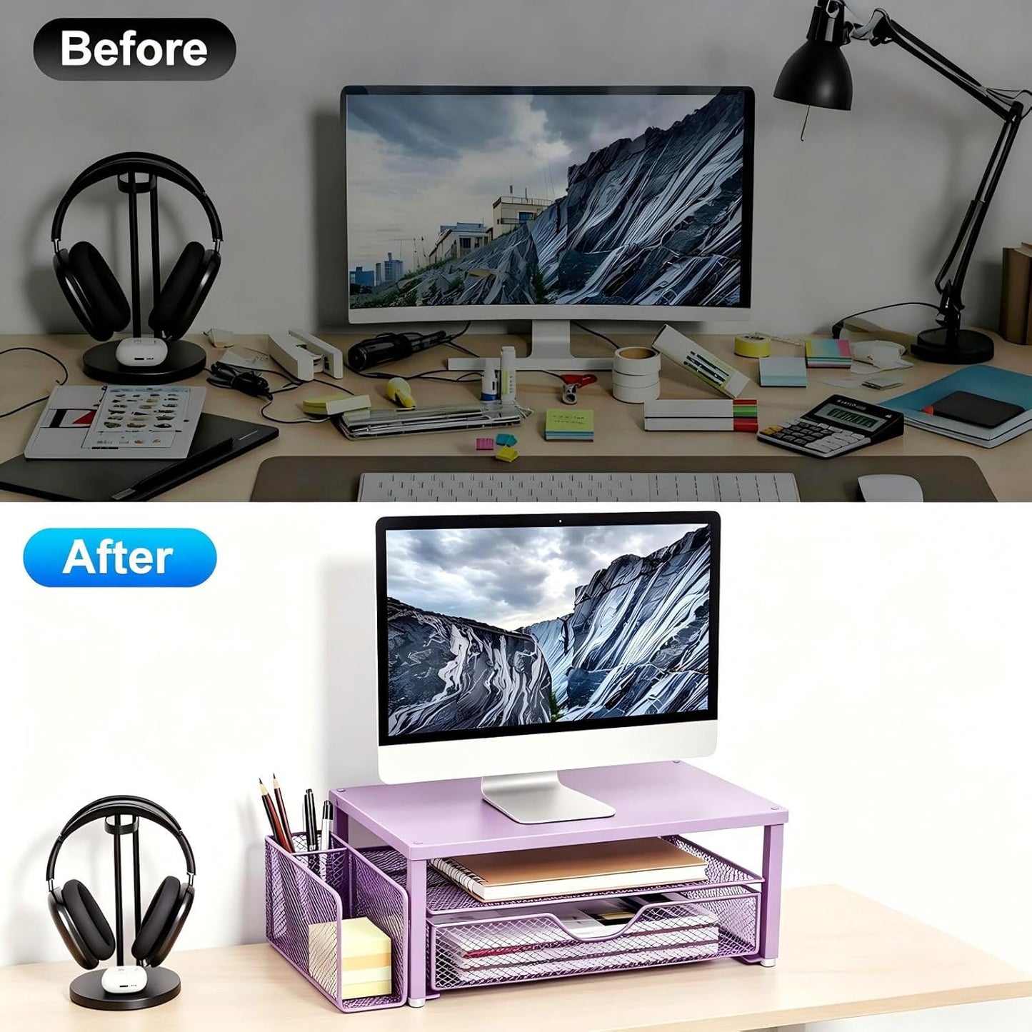 Spacrea Desk Organizer and Accessories, Computer Monitor Stand Riser with Drawer and 2 Pen Holders, Office Desk Accessories & Workspace Organizers for Office Supplies (Wood)