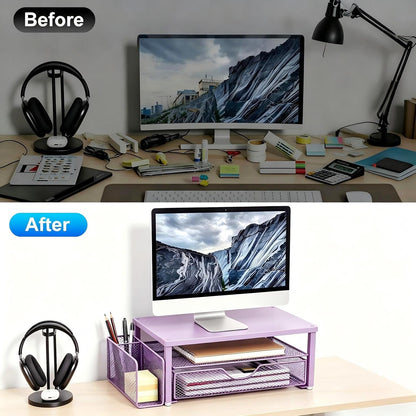 Spacrea Desk Organizer and Accessories, Computer Monitor Stand Riser with Drawer and 2 Pen Holders, Office Desk Accessories & Workspace Organizers for Office Supplies (Wood)