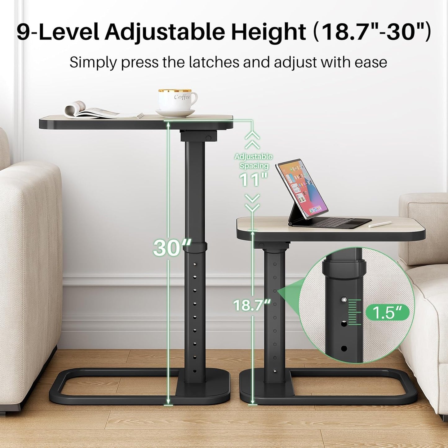 Kitstorack TV Tray Table, Adjustable Height & Flip-Top & Rounded Metal Corners, Snack Table for Couch, Sofa, Bed, Chair, Living Room, C Shaped End Side Table for Eating, Dinner or Laptop, Small Spaces
