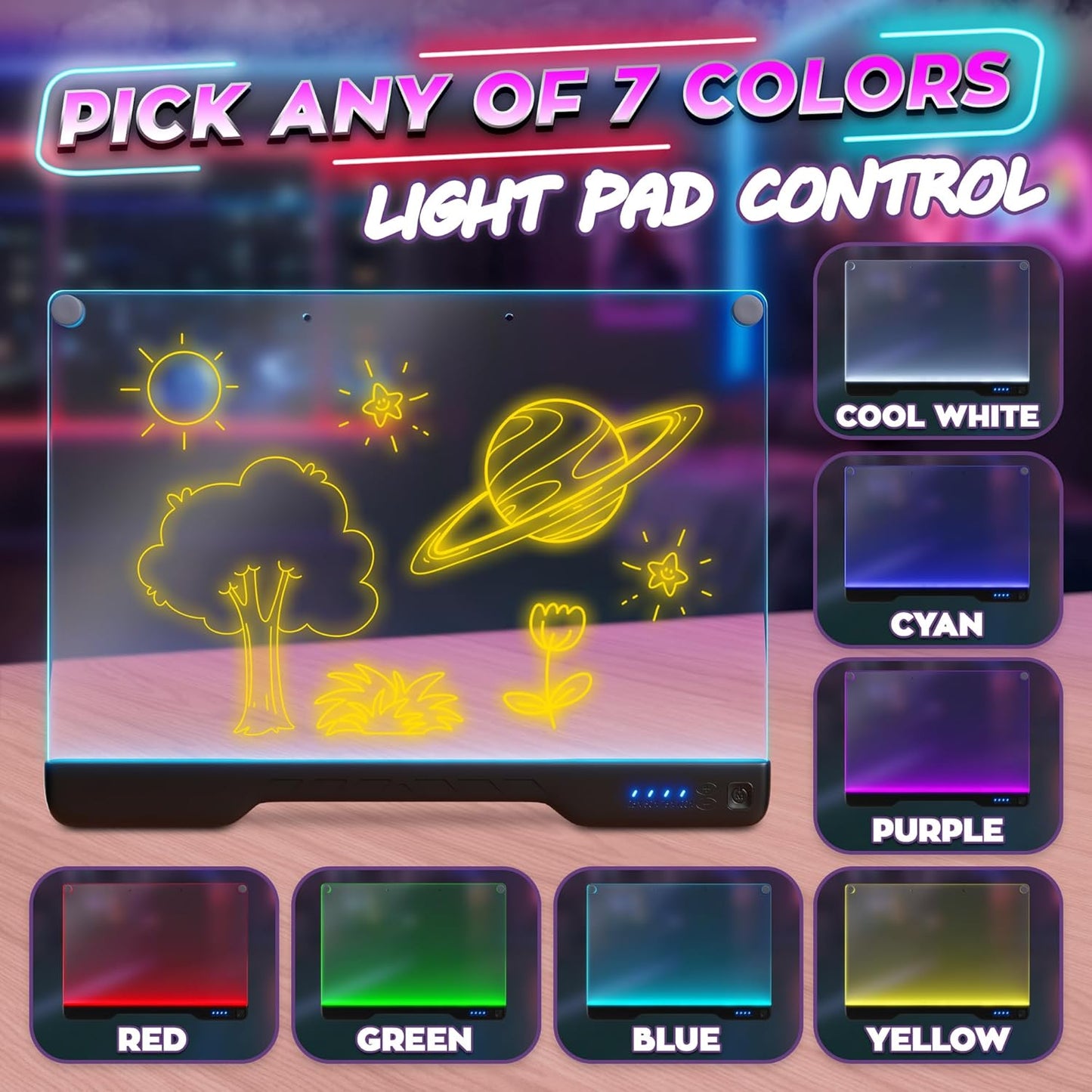 Upgraded 16” LED Drawing Board – Rechargeable, 7 Colors, 10 Light Modes, Adjustable Brightness – Acrylic Light Board for Tracing with Stand, Markers and Full Kit – Birthday Gift Set (Black)