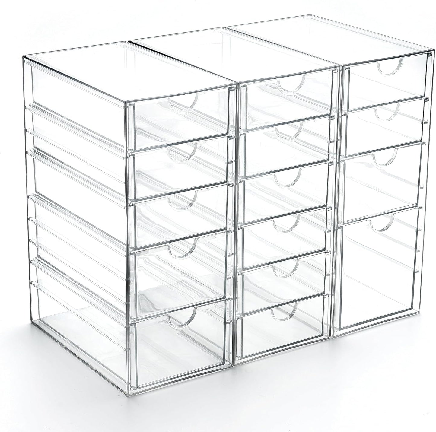 Prsildan Acrylic Drawer Makeup Organizer with 6 Drawers (Not for Baby Bottle), Set of 2 Office Desk Organizers Accessories, Clear Stackable Storage Drawers for Vanity, Craft (Largest Drawer 4" Tall)