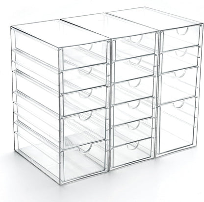 Prsildan Acrylic Drawer Makeup Organizer with 6 Drawers (Not for Baby Bottle), Set of 2 Office Desk Organizers Accessories, Clear Stackable Storage Drawers for Vanity, Craft (Largest Drawer 4" Tall)