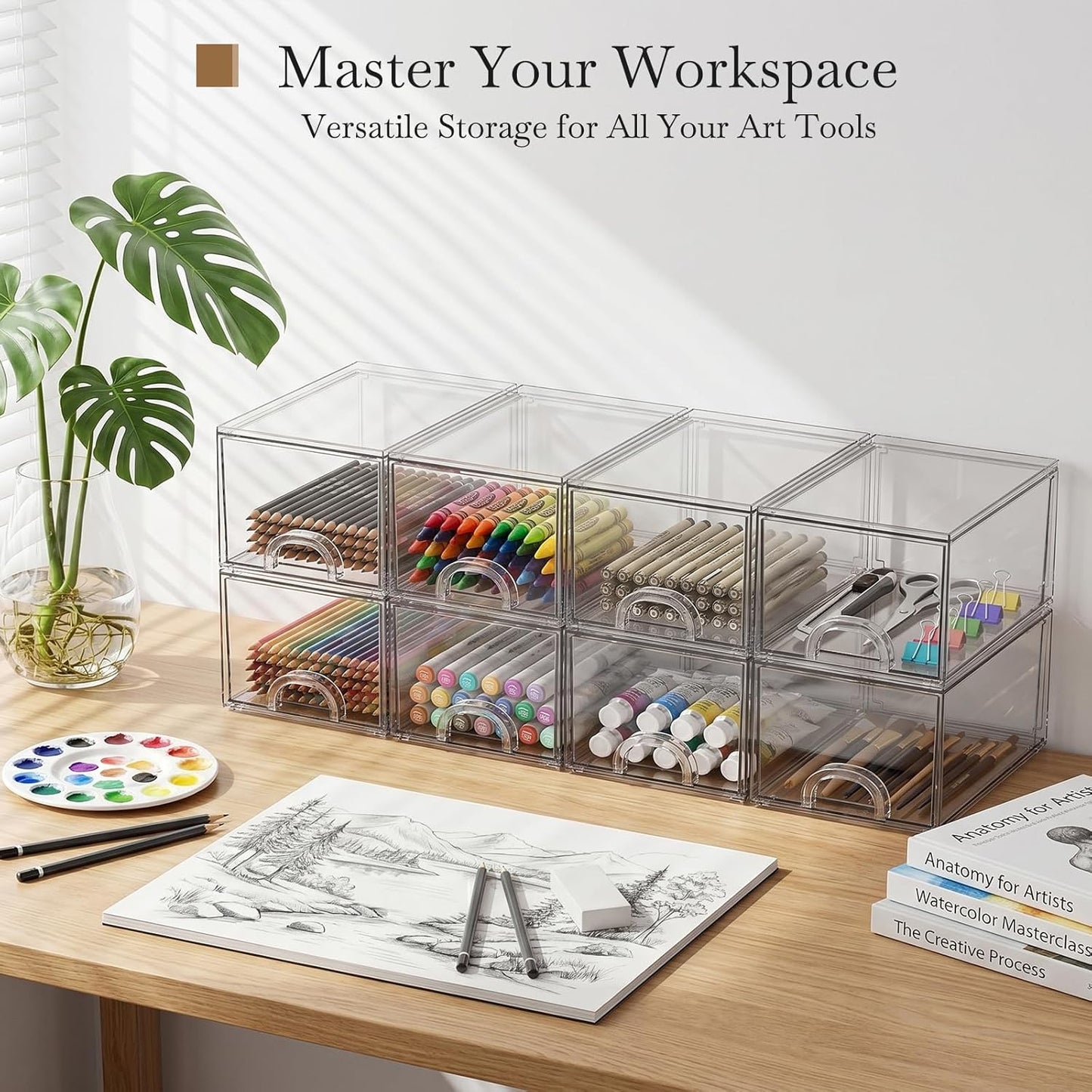 8 Pack Small Clear Stackable Acrylic Storage Boxes for Art Tool & Sketch, Storage Drawers, Storage Organizer, Clear Plastic Makeup Organizer, Ideal for Vanity, Cabinet, Desk Organization
