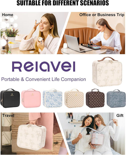 Relavel Travel Makeup Bag With LED Mirror, Cosmetic Train Case with Light up Mirror, Portable Makeup Artist Organizer Bag with Adjustable Dividers, Makeup Brush Holder Storage, Black