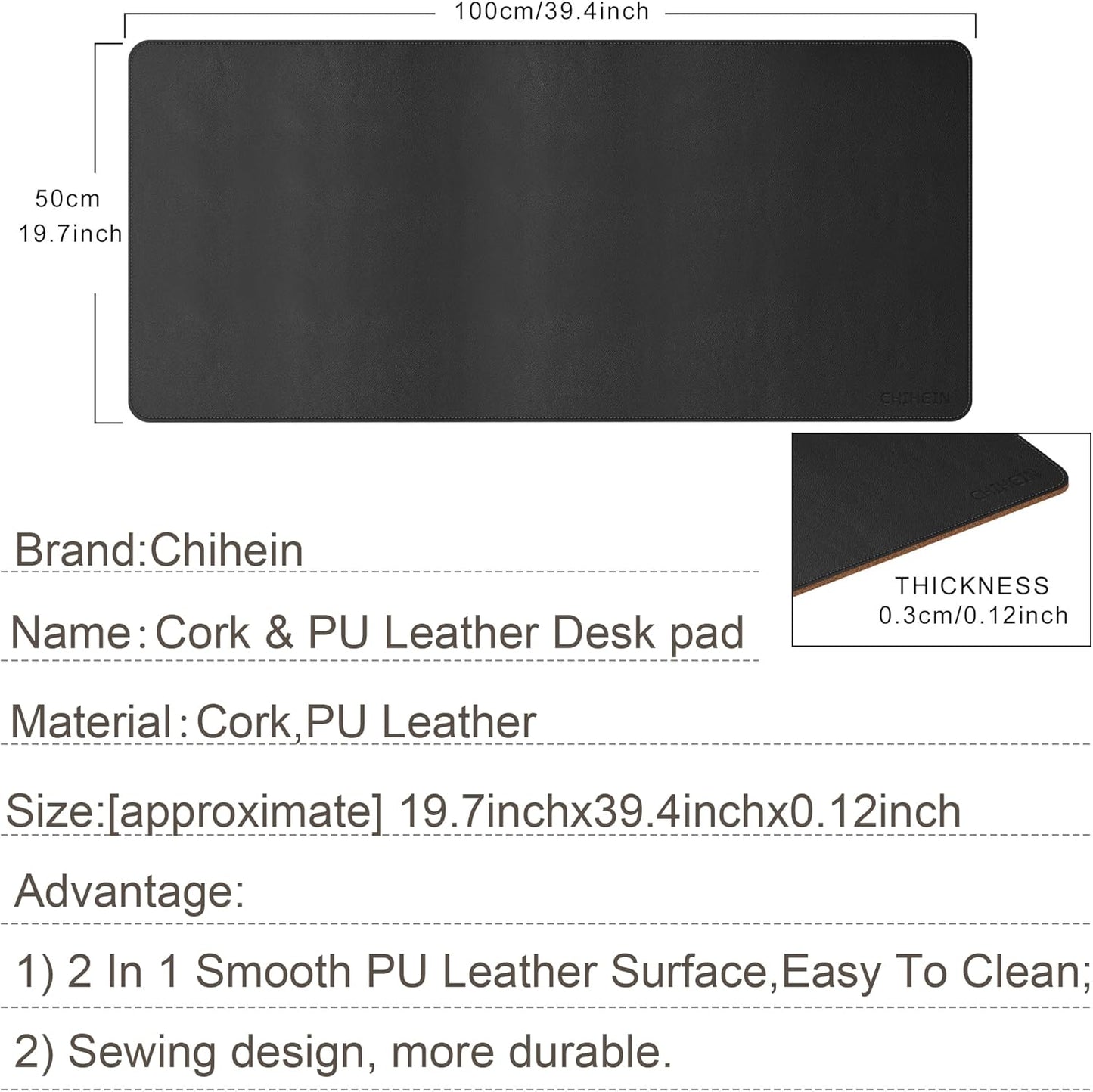 Chihein 2XL 35" x 16" Cork & PU Leather Desk Mat, Dual Sided Desk Pad Protector, Waterproof Writing Blotter for Gaming, Office, Home (Black)