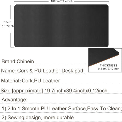 Chihein 2XL 35" x 16" Cork & PU Leather Desk Mat, Dual Sided Desk Pad Protector, Waterproof Writing Blotter for Gaming, Office, Home (Black)