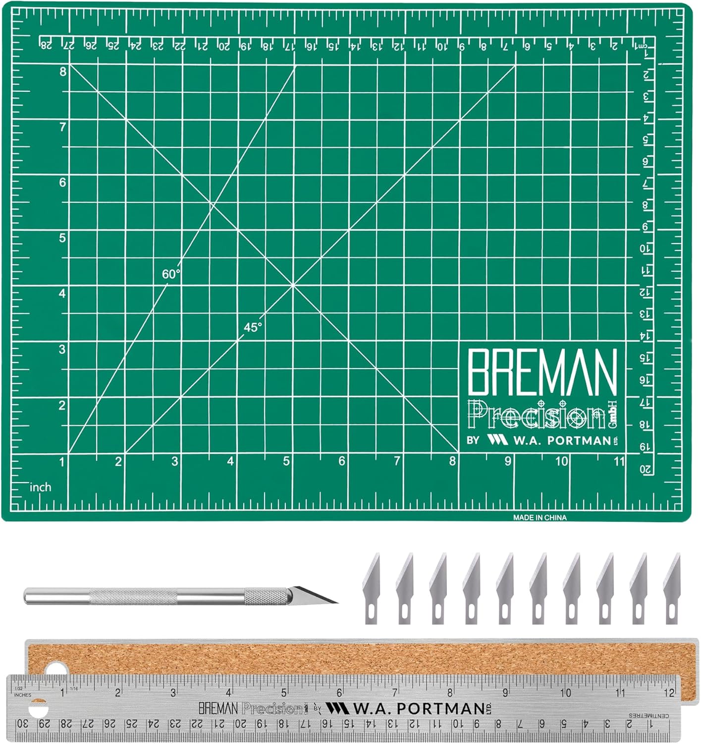 WA Portman 12x18 Inch Self Healing Cutting Mats for Crafts – Fabric Cutting Mat with Precision Craft Knife, 10#11 Hobby Knife Blades & Metal Ruler 18 Inch Cork Backed Ruler – All-in-One Craft Kit