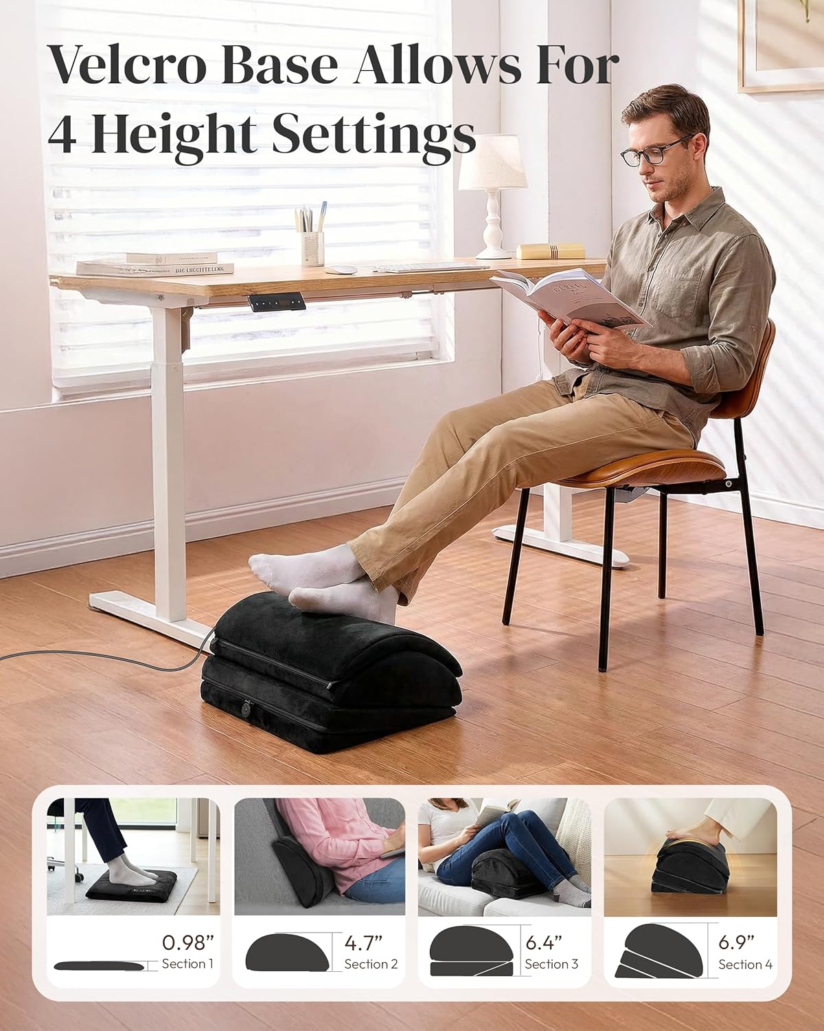 Heated Foot Rest for Under Desk with Vibration Massage, Memory Foam Desk Foot Stool with 4 Adjustable Heights, Ergonomic Foot Rest for Pain Relief, Non-Slip Office Footrest with 3 Heat Levels & Timer