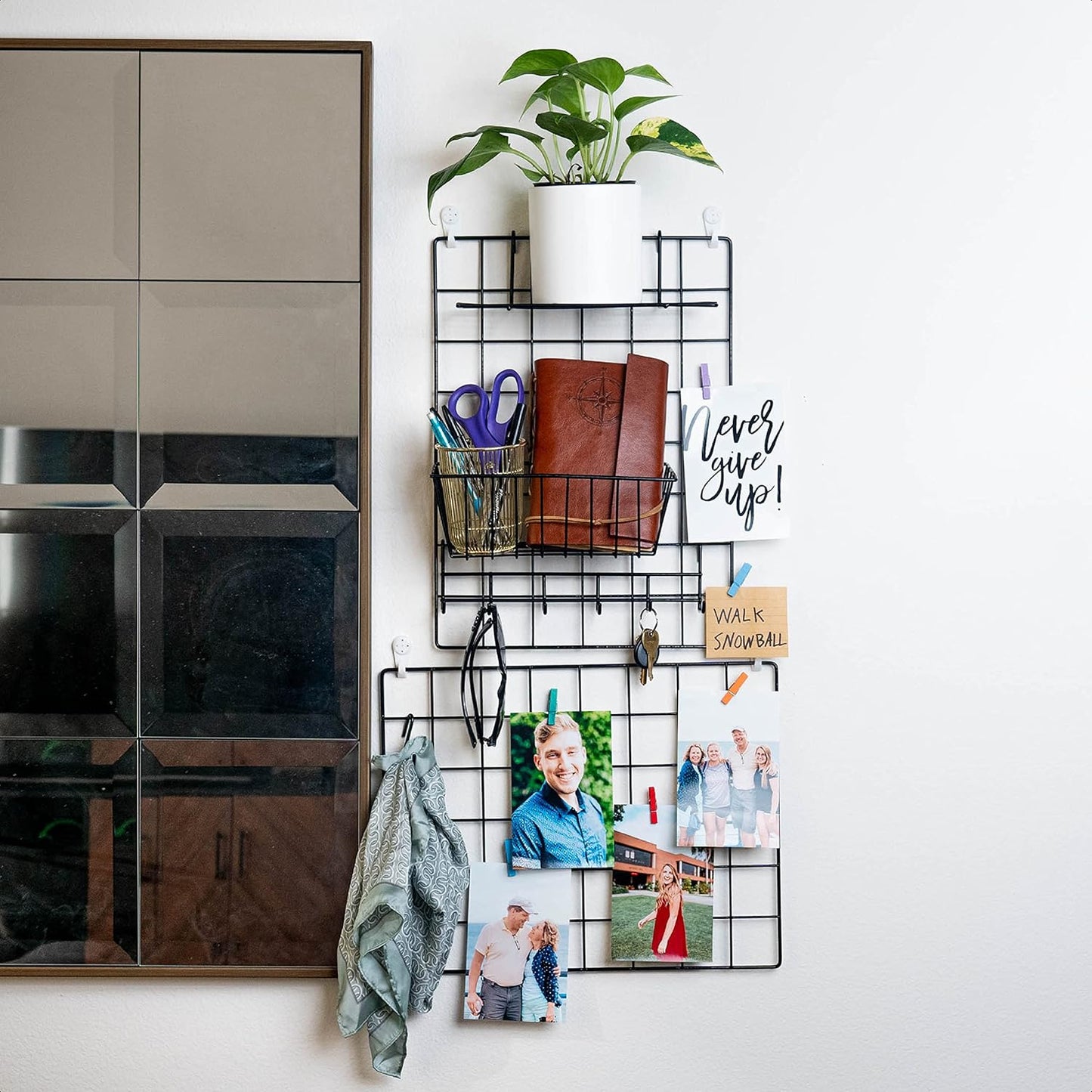 2 Pack Wire Wall Grid Panel With Accessories | Includes Hanging Basket, Shelf & Hook Rack | Photo Grid Wall Panels | Hanging Home, Office & Kitchen Décor | Metal & Black
