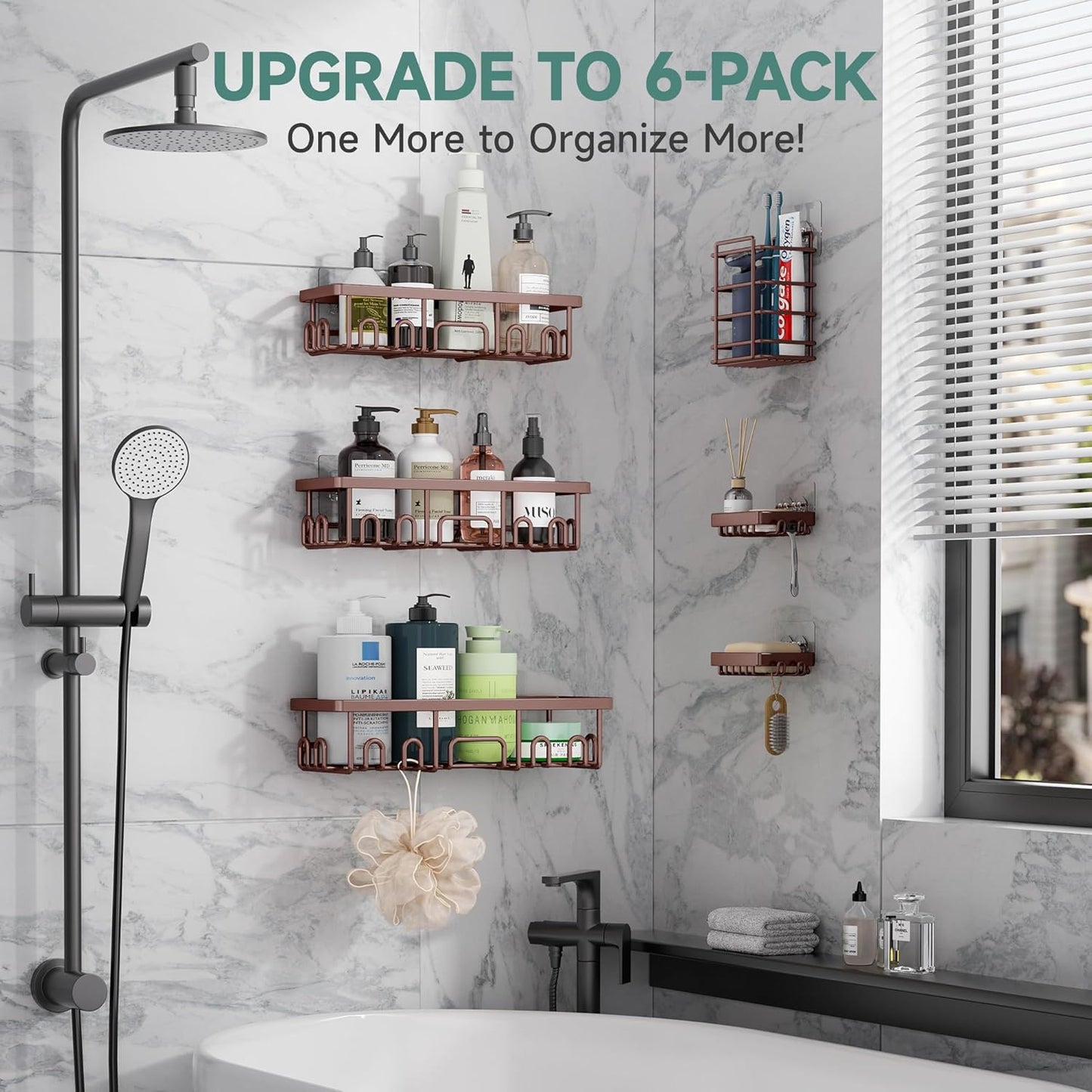 Veken Shower Caddy 6-Pack, Advanced Rustproof Design, No Drilling Adhesive Shelves, Rack with Soap Holder, Large Capacity Bathroom Organizers and Storage, Wall-Mounted Kitchen & Home Decor