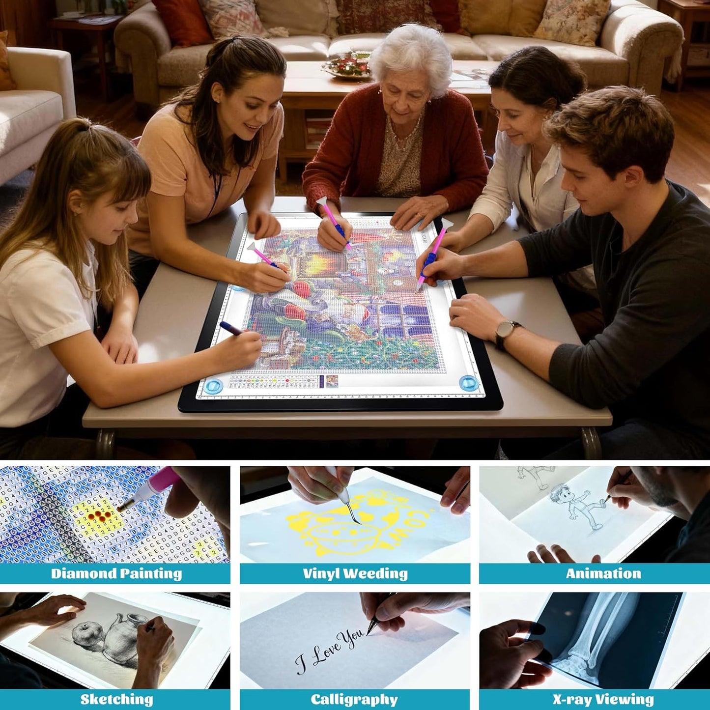 Bylitodt Rechargeable A3 Light Pad, Diamond Art Light Board, 16.7x13.5 inch Lightbox for Tracing and Drawing with 3 Colors & 6 Brightness, Tracing Pad for Weeding Vinyl, Diamond Painting Accessories