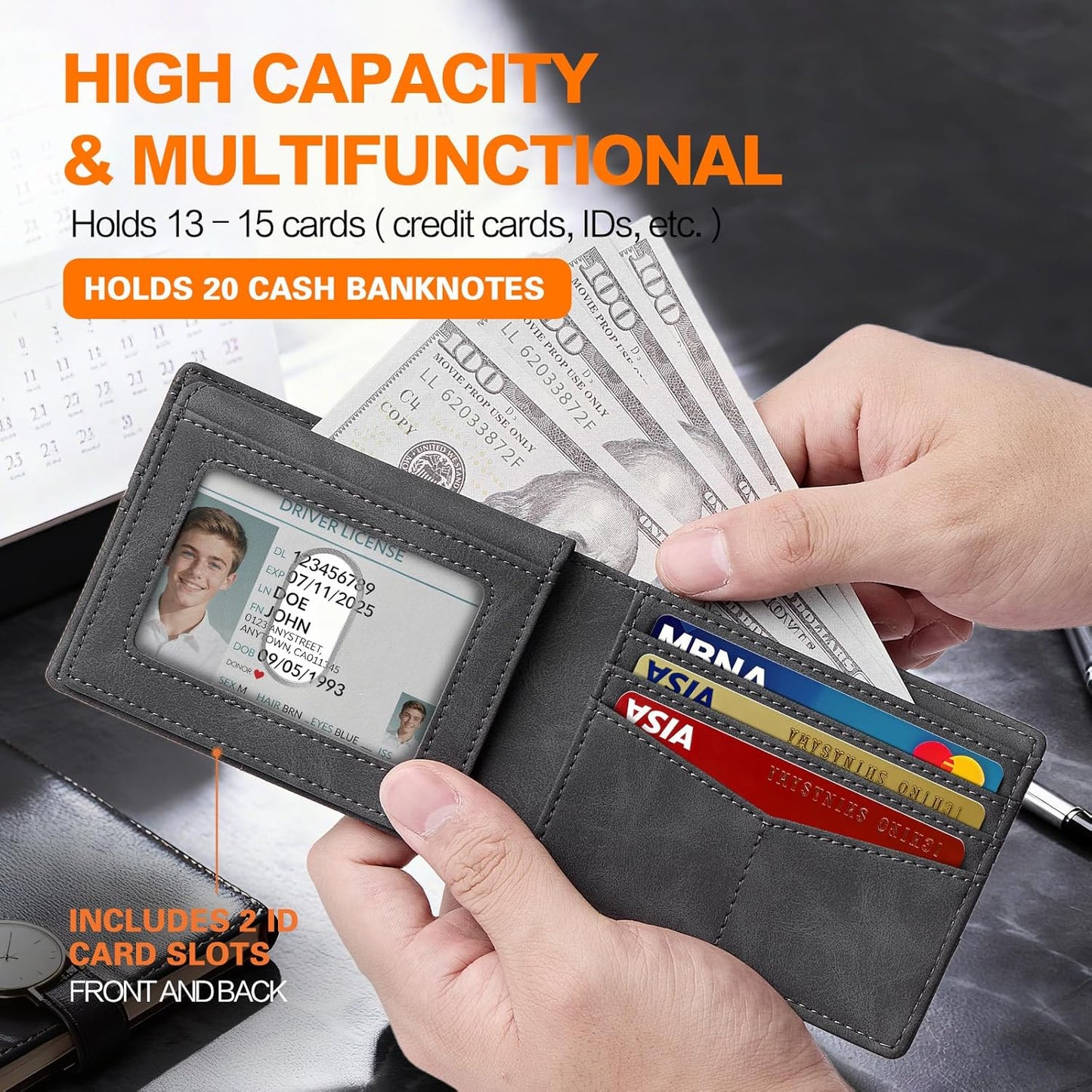 Wallet for Men Slim RFID Blocking Bifold Carbon Fiber,Minimalist Small Compact Front Pocket Credit Card Holder,Thin Mens Leather Wallets Smart Security With 2 ID Windows 1 Cash,Birthday Gifts for Men