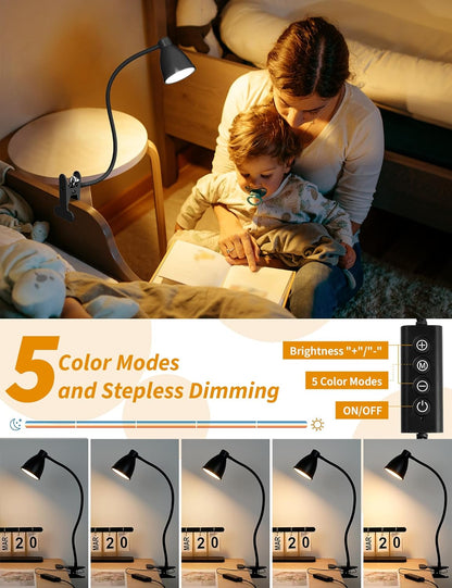 BOHON Clip on Light, 10W 38 LED Desk Lamp with Clamp, 5 Color 10 Brightness Auto Off Timer, Flexible Neck Clip Lamp, Desk Lights for Office Home Bed Bedside Reading, Bright Yellow