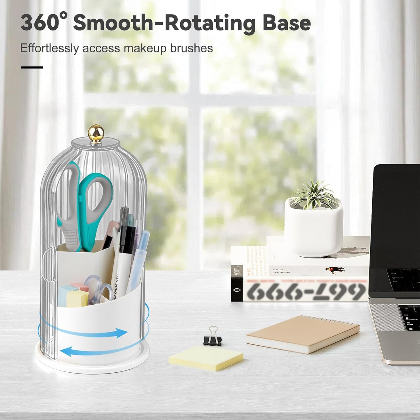 Hvygss 360° Rotating Makeup Brush Holder with Lid, Waterproof Three-Compartment Makeup Organizer, 180° Side-Pull Door Desk Organizer, Dustproof Brush Holder for Vanity and Bathroom (Transparent)