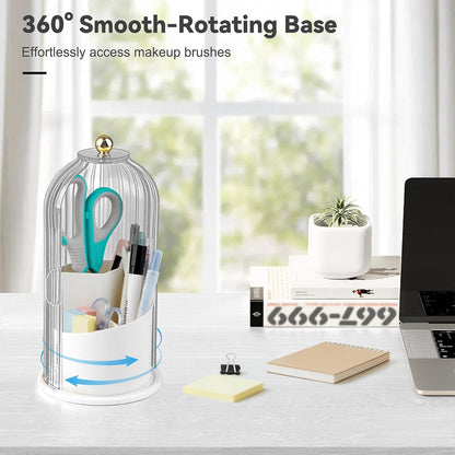 Hvygss 360° Rotating Makeup Brush Holder with Lid, Waterproof Three-Compartment Makeup Organizer, 180° Side-Pull Door Desk Organizer, Dustproof Brush Holder for Vanity and Bathroom (Transparent)