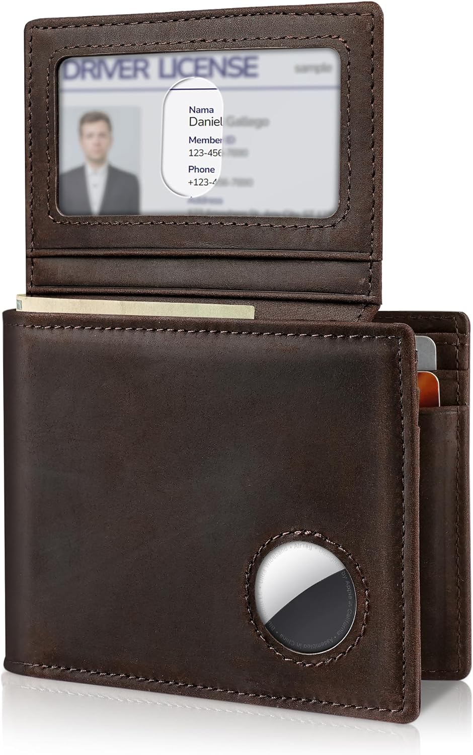 Mens Wallet With AirTag Holder, Bifold Leather RFID Blocking 1-2 ID Windows 12-13 Card Holders, Gift Box and Screen Protector Included, AirTag Not Included