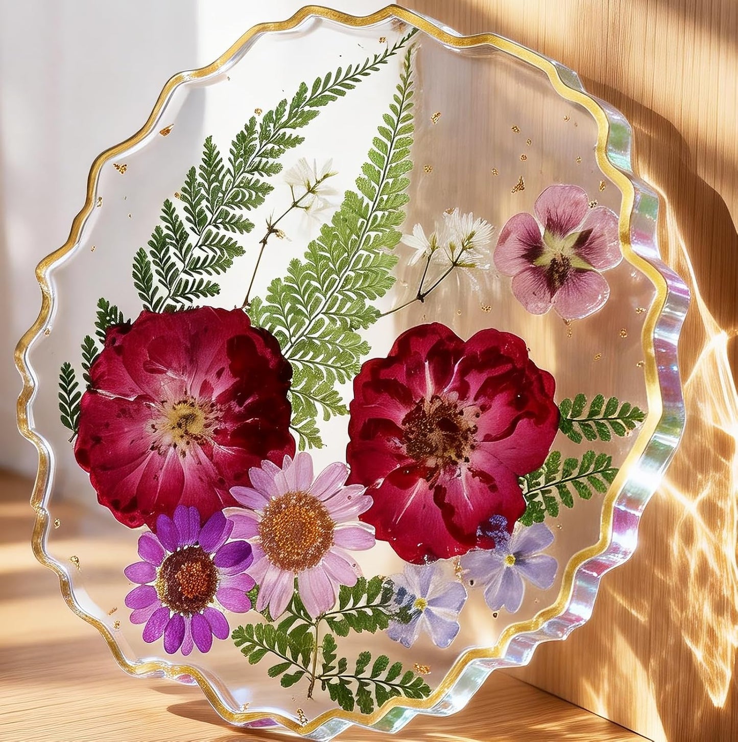 Oqplog Resin Drink Coaster for Desk Coffee Table-Pink White Cute Dried Flowers Cup Coaster for Work Office Home Outdoor Decor Gifts for Girls Women,1 Pcs Wave