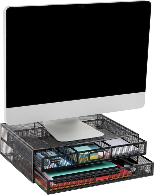 Mind Reader Monitor Stand, Ventilated Laptop Riser, Storage Drawer, Office, Metal Mesh, Black