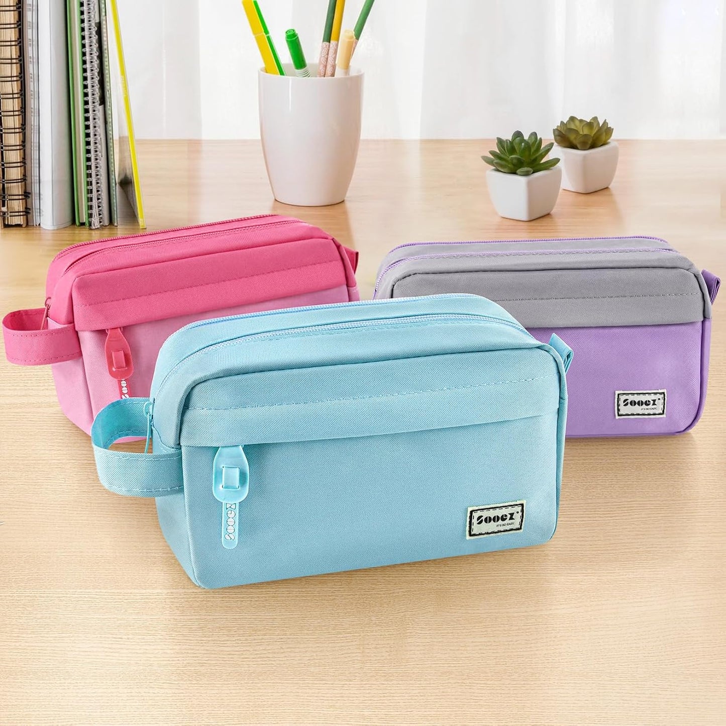 Sooez Original High Capacity Pencil Case, Big Pencil Bag Pouch Box Organizer Pen Case, Aesthetic Supply for Girls Adults, Portable Journaling Supplies with Easy Grip Handle & Loop, Mint Green