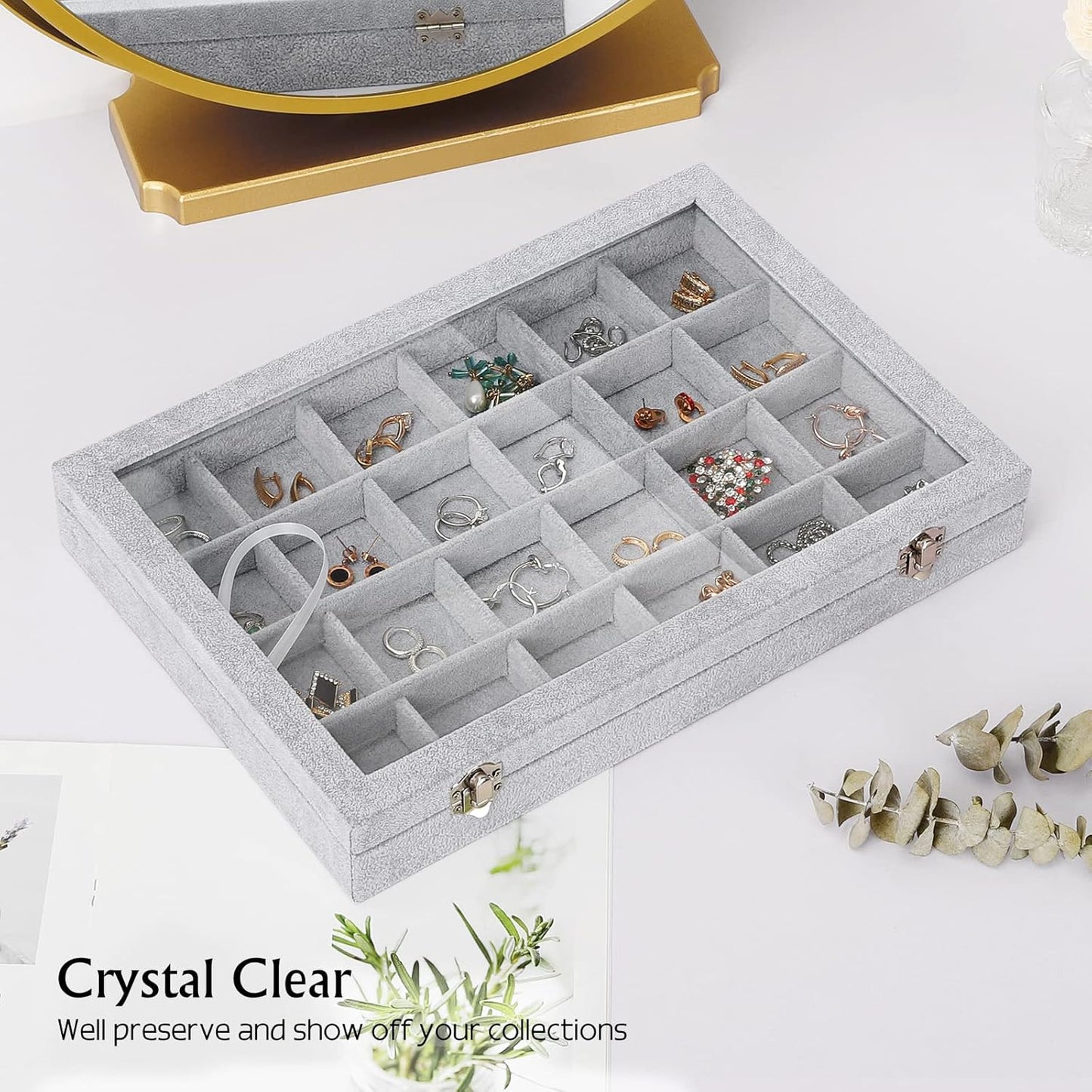 Emibele Glasses Organizer Jewelry Tray, 8 Grids with Clear Lid Velvet Tray Watch Storage Stackable Jewelry Showcase Display Storage with Detachable Inner Dividers, Beige