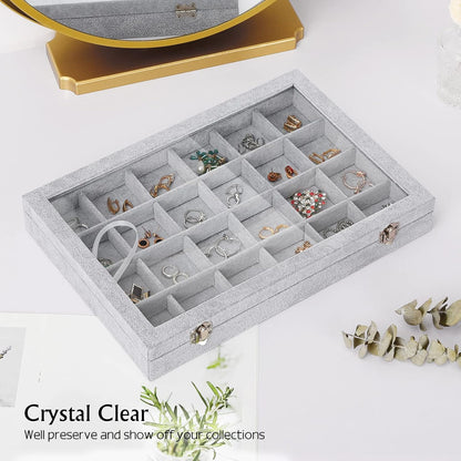 Emibele Glasses Organizer Jewelry Tray, 8 Grids with Clear Lid Velvet Tray Watch Storage Stackable Jewelry Showcase Display Storage with Detachable Inner Dividers, Beige