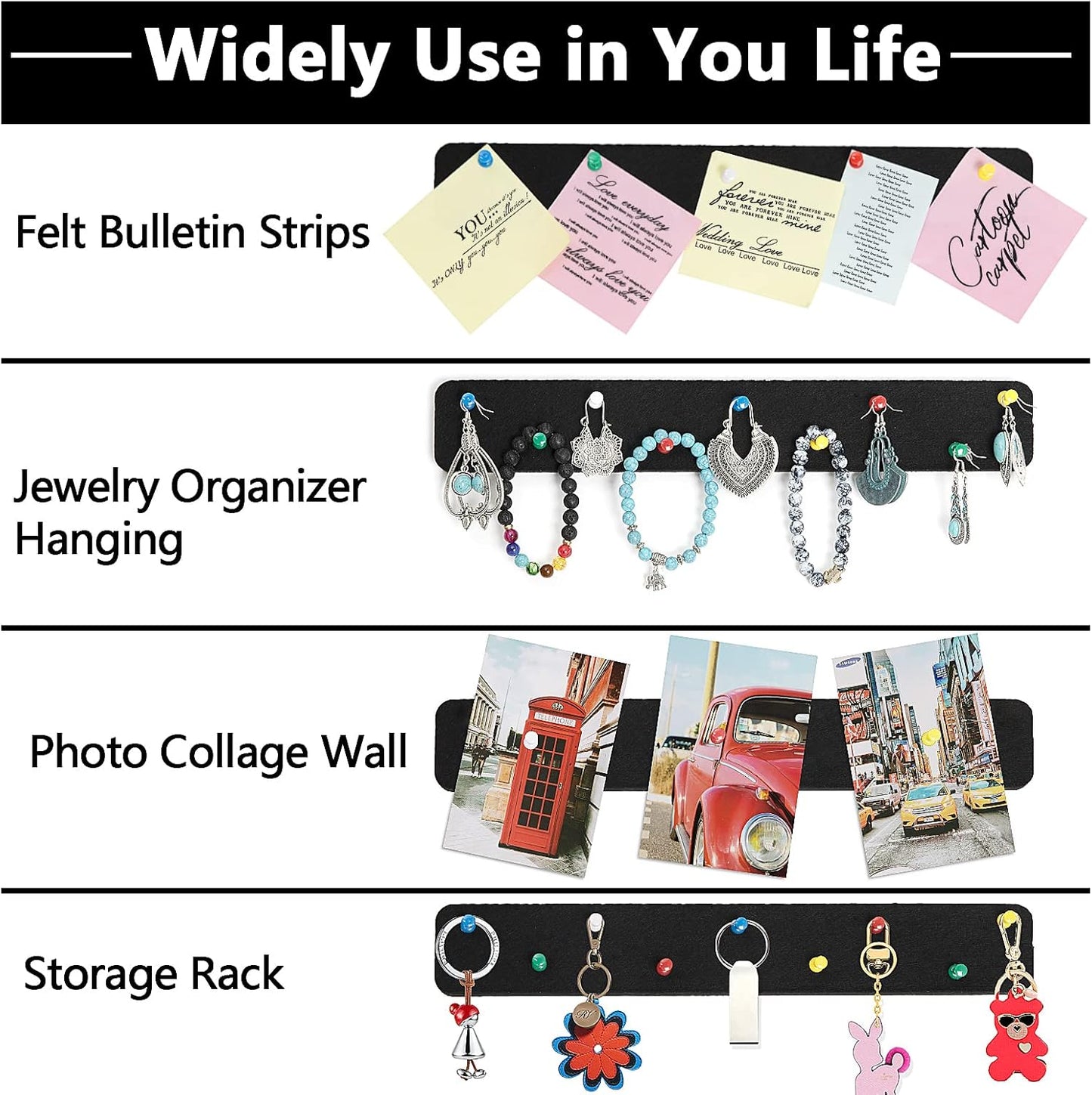 Felt Pin Board Bar Strips Bulletin Board for Bedrooms Offices Home Wall Decoration, Notice Board Self Adhesive Cork Board with 35 Push Pins for Paste Notes, Photos, Schedules