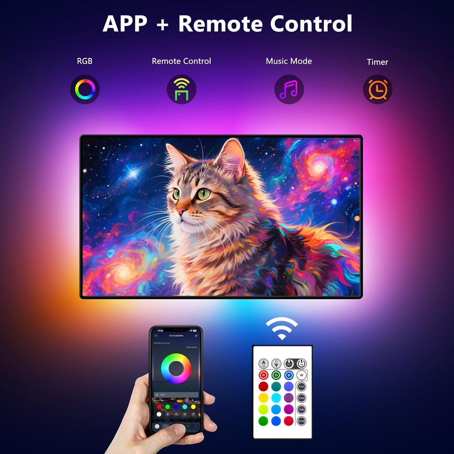 PANGTON VILLA TV LED Backlight for 40-60 Inch TV, 8.2ft LED Lights for TV with Bluetooth APP & Remote Control, 16 Color Led Strip Lights Changing TV Lights Behind with Music Sync for Bedroom