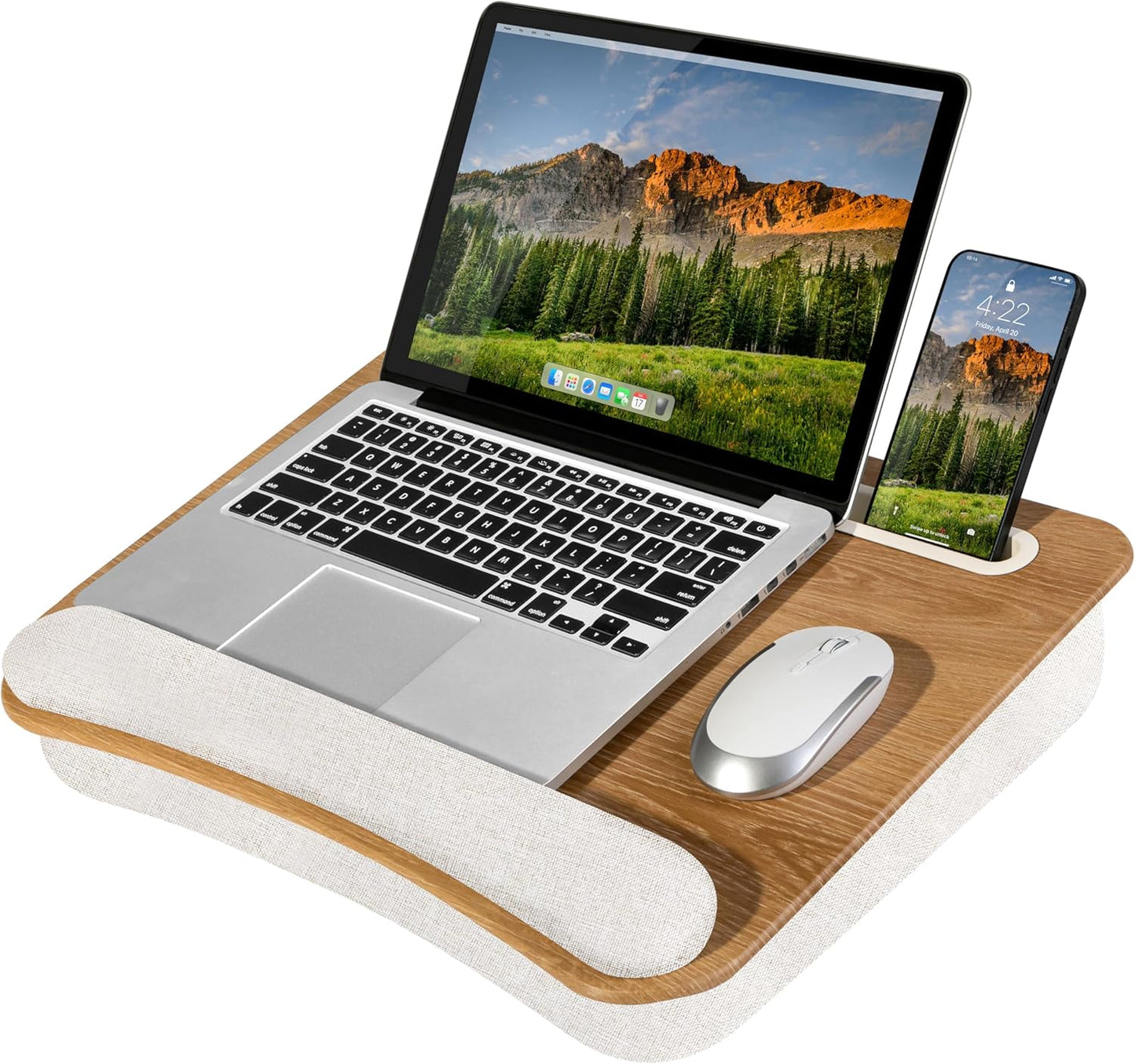 LAPGEAR Portable Laptop Lap Desk with Pillow Cushion, Anti-Slip Strip, Tablet or Phone Storage Slot, Pen and Pencil Pocket, and Wrist Rest - Espresso Woodgrain - Fits 15.6" Laptops - Style No. 91342