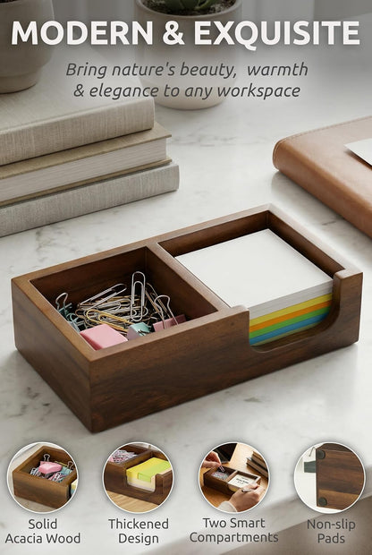 Demigo Wooden Sticky Note Holder for Desk – Solid Acacia Wood Organizer for 3x3 Note Pads, Paper Clips, Office Supplies – Compact Memo Pad Holder for Home Office, Teachers