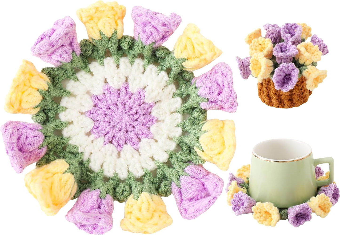 Flower Crochet Coasters, Handmade Bouquet Blanket Coaster with Crochet Plant Pot Fun Soft Decorative Drink Coasters for Coffee Tabletop Protection and Home Decor (Pink, 1Pc)