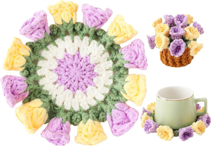 Flower Crochet Coasters, Handmade Bouquet Blanket Coaster with Crochet Plant Pot Fun Soft Decorative Drink Coasters for Coffee Tabletop Protection and Home Decor (Pink, 1Pc)
