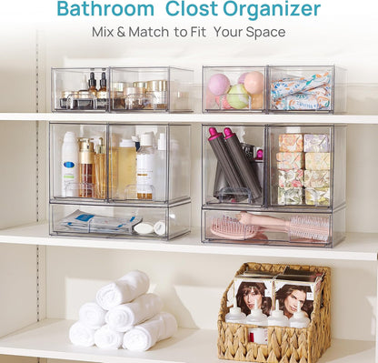 Vtopmart Stackable Storage Drawers Set of 3,Clear Plastic Organizer Bins for Makeup, Cosmetics, Beauty Supplies,Ideal for Vanity, Bathroom,Cabinet,Pantry Organization
