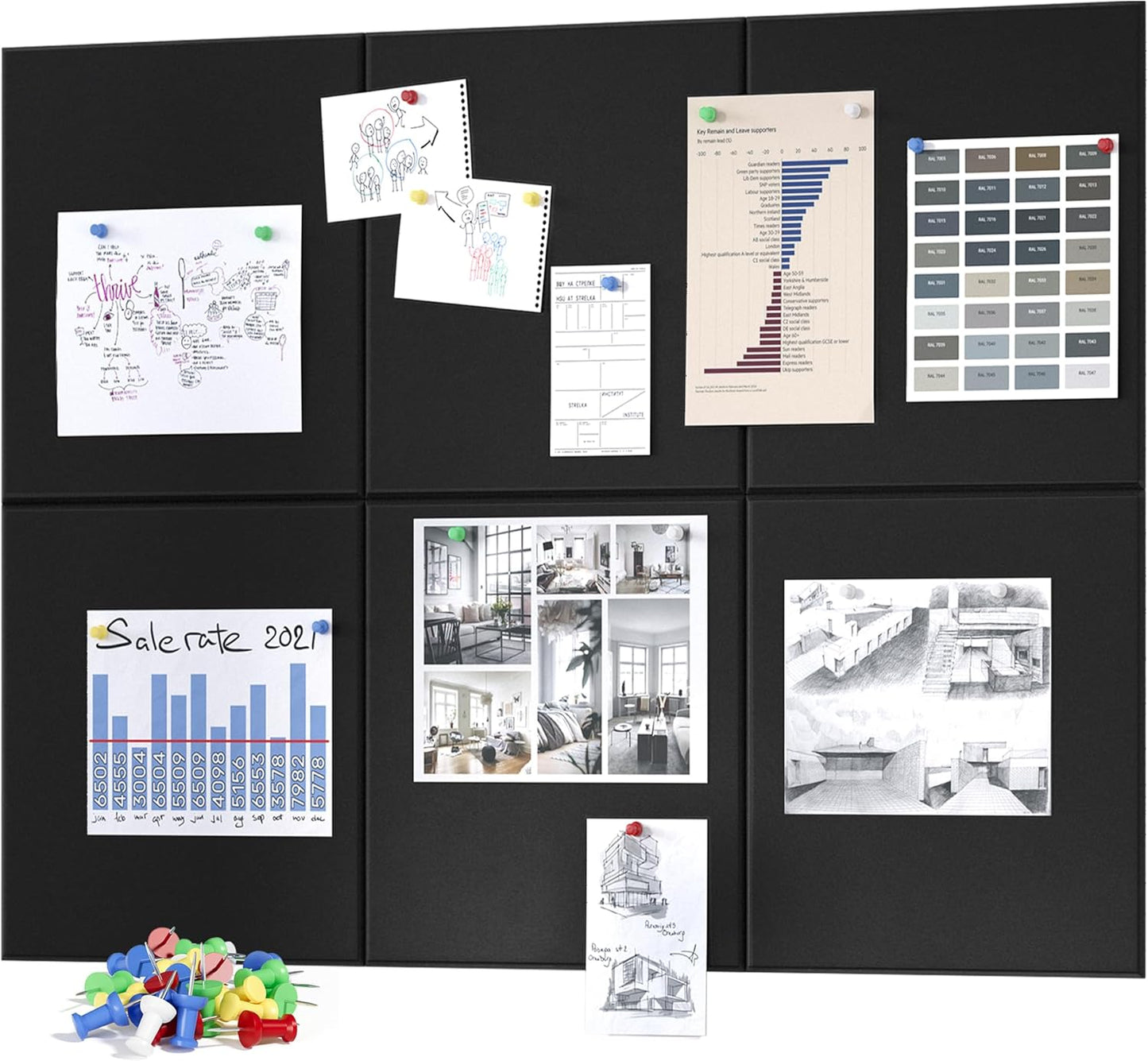 Neatsure Large Cork Board for Wall, Black Felt Bulletin Board with Pushpins, 36" x 24" 6 Panels Wall Tiles, Tack Push Pin Boards for Office