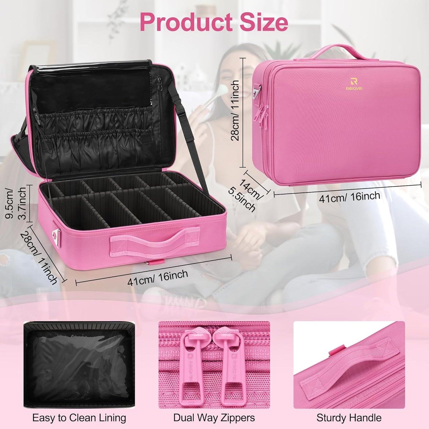 Relavel Makeup Case Large Makeup Bag Professional Train Case 16.5 inches Travel Cosmetic Organizer Brush Holder Waterproof Makeup Artist Storage Box, 3 Layer Large Capacity, with Adjustable Strap
