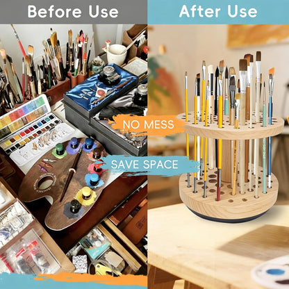 360 Degree Friction-Free Rotating Paint Brush Holder, 52 Multi-Size Hole Natural Hardwood Storage Stand, Space-Saving Desktop Organizer for Artist, Watercolor, Makeup Brushes and Craft Tools (brown)