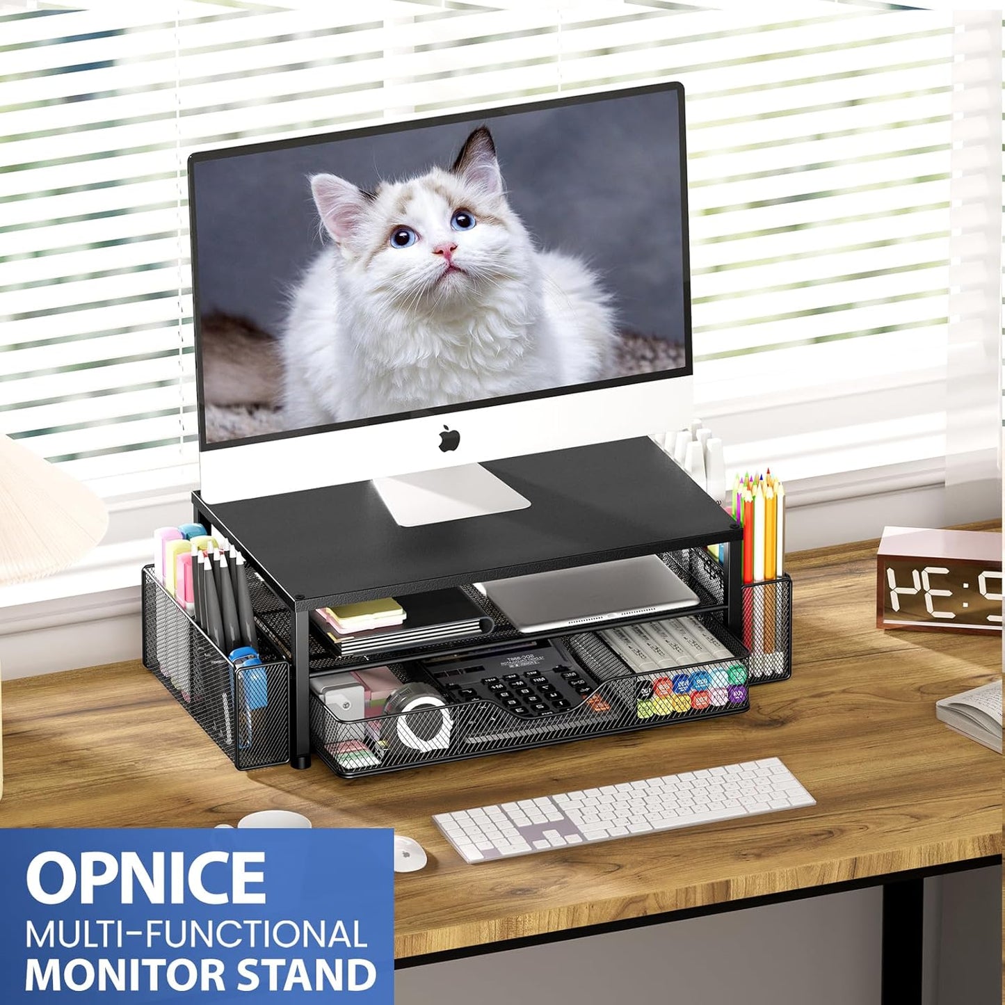OPNICE Wood Desk Organizers and Accessories, 2-Tier Computer Monitor Stand Riser with Drawer and 2 Pen Holders, Laptop Stand, Office Desk Accessories for Office Supplies, Brown