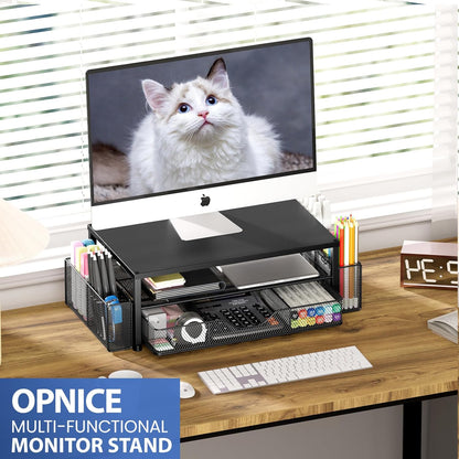 OPNICE Wood Desk Organizers and Accessories, 2-Tier Computer Monitor Stand Riser with Drawer and 2 Pen Holders, Laptop Stand, Office Desk Accessories for Office Supplies, Brown