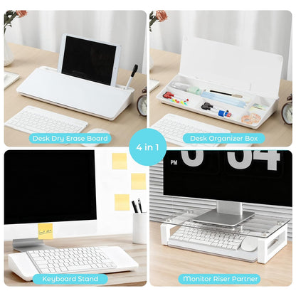 Glass Desk Whiteboard with Storage, 6.8" x 15.8" Small Dry Erase Board, Desk Board with Computer Keyboard Stand & Built-in Drawer, Includes 4 Markers, 1 Eraser for Office, Home, School
