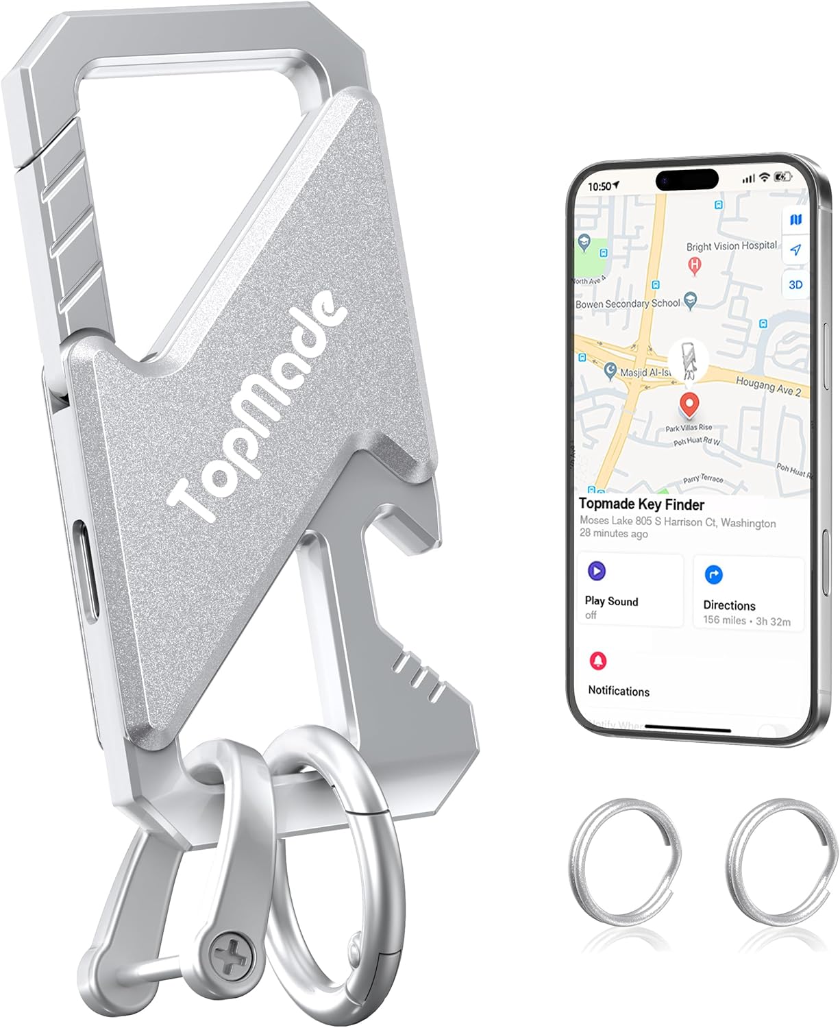 Keychain, Works with Apple Find My, Heavy Duty Key Chains Carabiner Bottle Opener, Car Key Finder with GPS Tracker, Rechargeable Bluetooth Key FinderTracker for Luggage, Bags, Backpack etc, Black