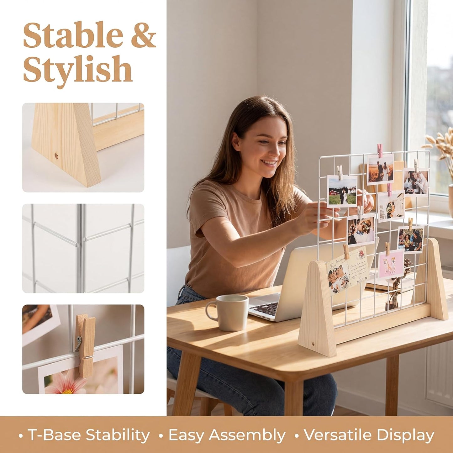 15.7”X15.7” Grid Wall Countertop Display Stand Metal Grid Wall Stand with Mini T-Base Portable Tabletop Display Unit with 20 Small Clips for Shows Retail Crafts Artistic Drawings Photos