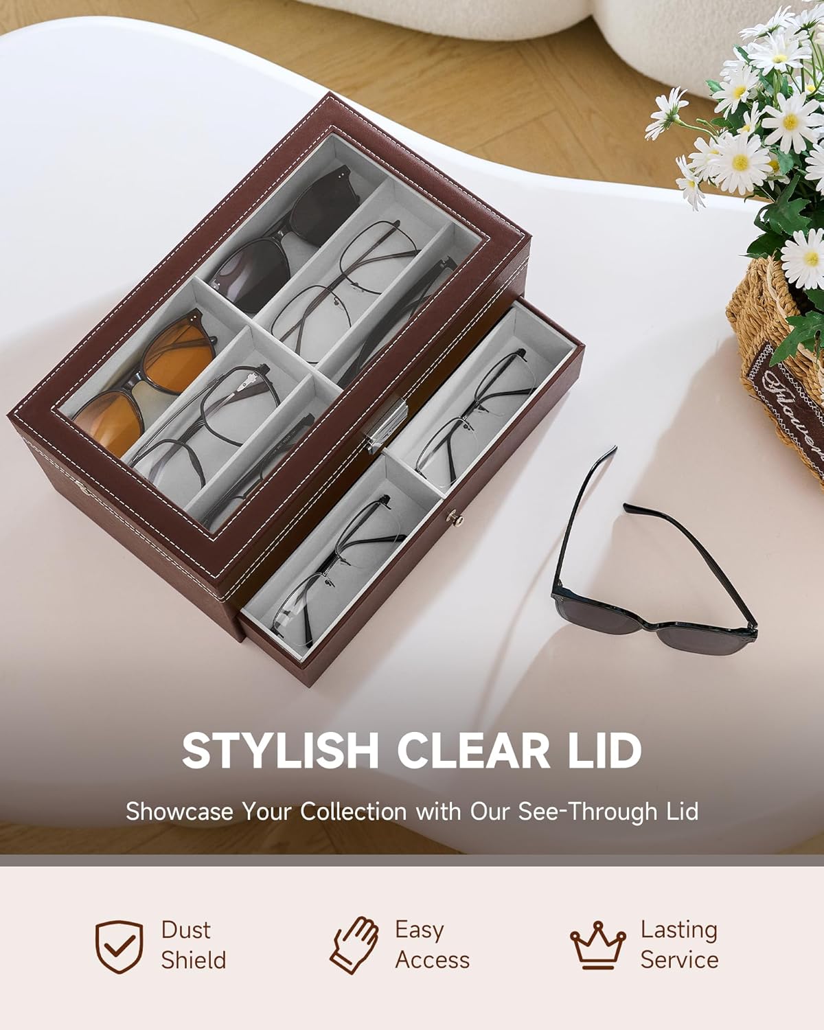 CO-Z Sunglasses Organizer with 12 Slots, Multiple Eyeglasses Eyewear Display Case for Women Men, 2 Story Leather Multi Sunglasses Jewelry Collection Holder with Drawer