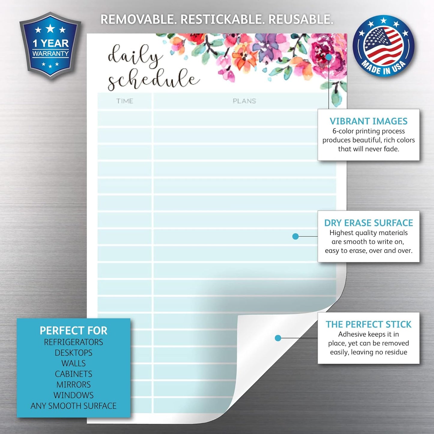 Dry Erase Daily Schedule Planner Sticker Decal by Glassboard Studio | Removable & Reusable | Magnetic Fine-Tip Marker Included (9 x 12 inches, White)