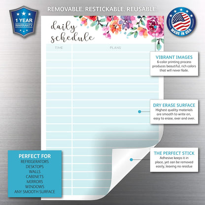Dry Erase Daily Schedule Planner Sticker Decal by Glassboard Studio | Removable & Reusable | Magnetic Fine-Tip Marker Included (9 x 12 inches, White)