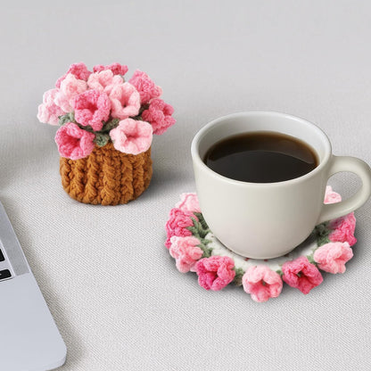 Flower Crochet Coasters, Handmade Bouquet Blanket Coaster with Crochet Plant Pot Fun Soft Decorative Drink Coasters for Coffee Tabletop Protection and Home Decor (Pink, 1Pc)