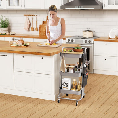 DTK 3 Tier Metal Utility Rolling Cart with Table Top and Side Bags, Tray Storage Organizer Wheels, Art Craft 4 Hooks for Kitchen Bathroom Office Living Room (Black)