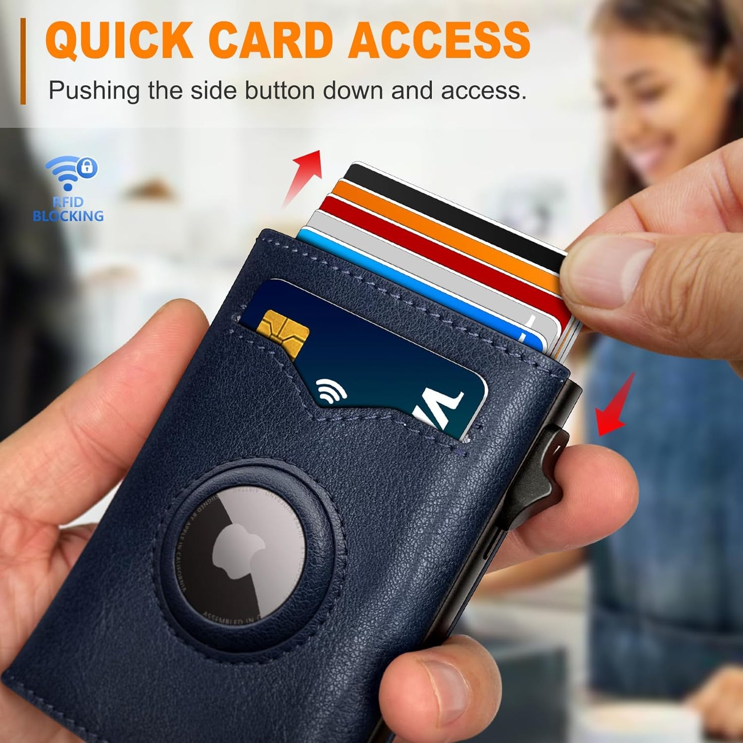 miyozi Airtag Wallet for Men,with Cash Pocket 2 ID Window 9-12 Cards,Metal Case Smart Slim Pop Up Credit Card Holder Flip with Magnetic Closure RFID Blocking Trifold wallet with Gift Box