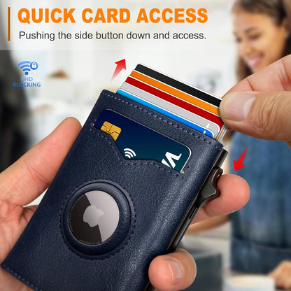 miyozi Airtag Wallet for Men,with Cash Pocket 2 ID Window 9-12 Cards,Metal Case Smart Slim Pop Up Credit Card Holder Flip with Magnetic Closure RFID Blocking Trifold wallet with Gift Box